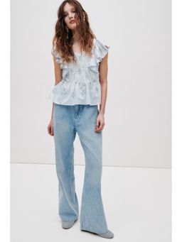 H&M - Women Blue Frill-Trimmed Cotton Top
