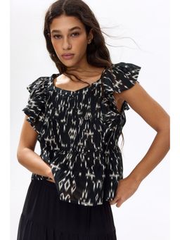 H&M - Women Grey Frill-Trimmed Cotton Top