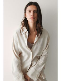 H&M - Women Beige Oversized Linen-Blend Shirt