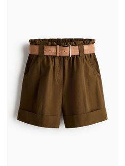 H&M - Women Green Linen-Blend Paper Bag Shorts