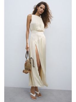 H&M - Women Beige Gathered Satin Dress