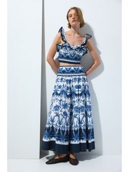 H&M - Women Blue Flared Cotton Poplin Skirt