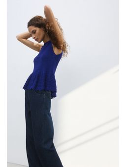 H&M - Women Blue Pointelle-Knit Peplum Top
