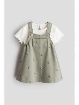 H&M - Girls Green 2-Piece Dungaree Dress And Top Set