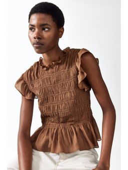 H&M - Women Brown Smocked Peplum Top