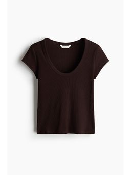 H&M - Women Brown Ribbed Scoop-Neck T-Shirt