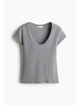 H&M - Women Grey Ribbed Scoop-Neck T-Shirt