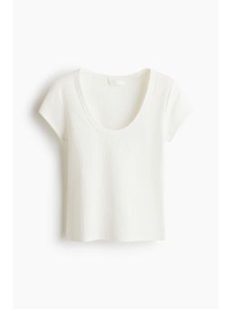 H&M - Women White Ribbed Scoop-Neck T-Shirt