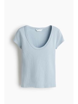 H&M - Women Blue Ribbed Scoop-Neck T-Shirt