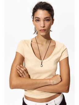 H&M - Women Yellow Ribbed Scoop-Neck T-Shirt