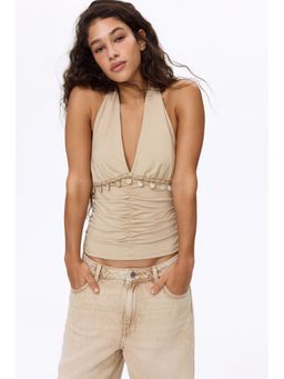 H&M - Women Beige Embellished Halterneck Top