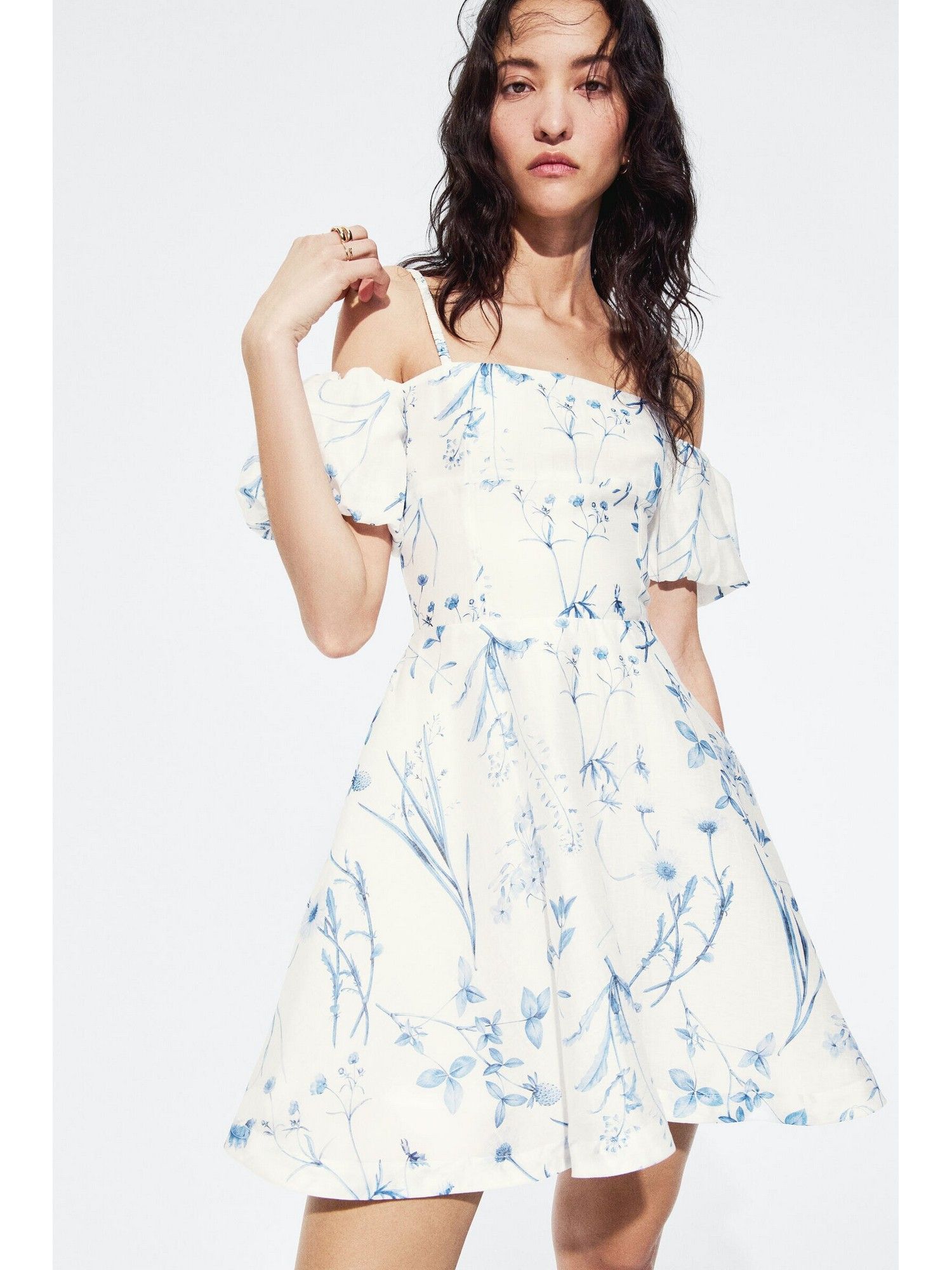 h&m Women White Linen-Blend Cold Shoulder Dress-picture-47