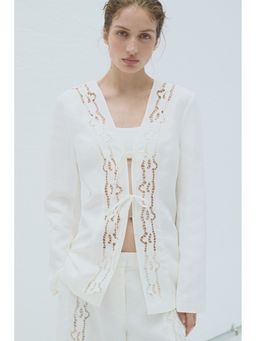 H&M - Women White Tie-Front Linen-Blend Blazer