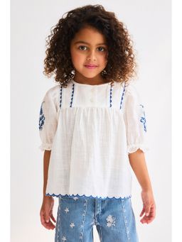 H&M - Girls White Embroidered Cotton Top