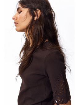 H&M - Women Brown Ribbed Lace-Inset Top