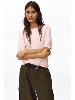 H&M - Women Pink Ribbed Lace-Inset Top