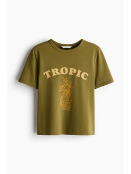 H&M - Women Green Print-Motif Cotton T-Shirt
