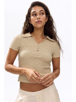 H&M - Women Beige Crinkled Polo T-Shirt