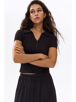 H&M - Women Black Crinkled Polo T-Shirt