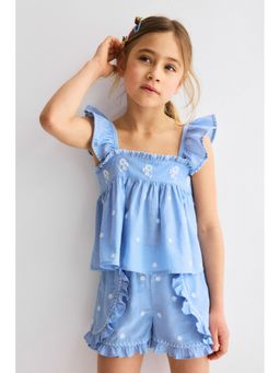 H&M - Girls Blue 2-Piece Embroidered Cotton Set