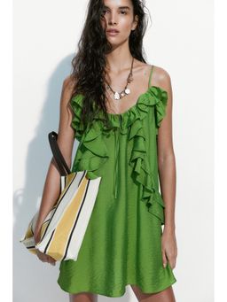 H&M - Women Green Flounce-Trimmed Strappy Dress