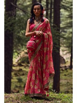 Paulmi & Harsh - Rani Pink Big Rose Print Saree with Stitched Blouse
