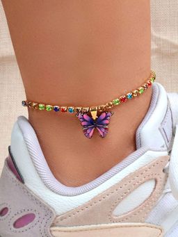 Yellow Chimes - Gold Toned and Pink Crystal Butterfly Studded Anklet