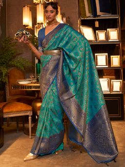 Akhilam - Womens Silk Blend Blue Woven Design Handloom Saree with Unstitched Blouse