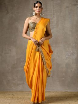 Swtantra - Ochre' Saree With Handmade Lace On Edge With Pendants