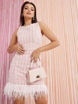 Styli - Pink Sleeveless Round Neck Tweed Fabric A-line Mini Dress