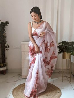 Odette - White Printed Organza Saree with Unstitched Blouse