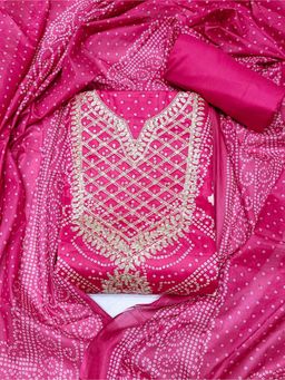 Chhabra 555 - Magenta Embroidered & Bandhani Unstitched Top with Bottom and Dupatta (Set of 3)
