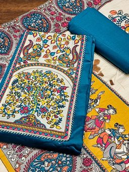 Chhabra 555 - Turquoise Printed & Mirror Work Unstitched Top with Bottom and Dupatta (Set of 3)