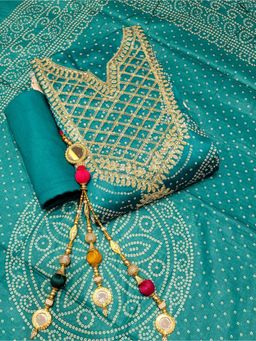 Chhabra 555 - Teal Embroidered & Bandhani Unstitched Top with Bottom and Dupatta (Set of 3)