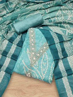 Chhabra 555 - Turquoise Embroidered & Bandhani Unstitched Top with Bottom and Dupatta (Set of 3)