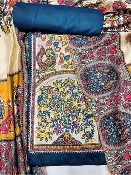 Chhabra 555 - Navy Blue Printed & Mirror Work Unstitched Top with Bottom and Dupatta (Set of 3)