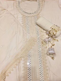 Chhabra 555 - Beige Embroidered & Mirror Work Unstitched Top with Bottom and Dupatta (Set of 3)
