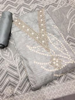 Chhabra 555 - Grey Embroidered & Bandhani Unstitched Top with Bottom and Dupatta (Set of 3)