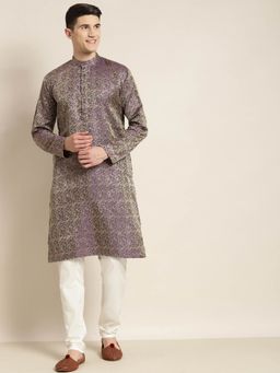 SOJANYA - Men Jacquard Silk Purple Self Design Kurta with Off White Churidar Pyjama (Set of 2)