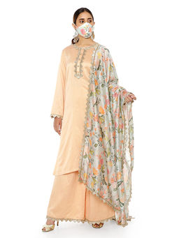PS Pret by Payal Singhal - Chanderi Stripe Kurta & Palazzo and Dupatta 3 Ply Mask (Set of 4)