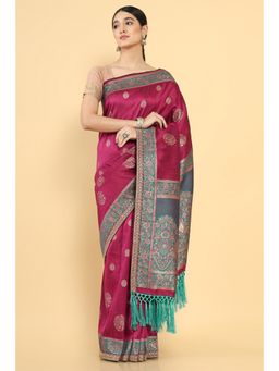 Soch - Women Maroon Silk Woven Saree with Unstitched Blouse