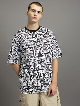 Bewakoof - Men's White & Black All Over Printed Oversized Plus Size T-shirt