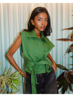 RISING AMONG - Green Pure Cotton Sleeveless Crop Top with Belt