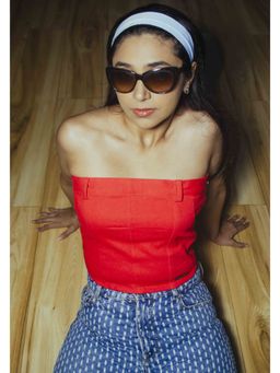 RISING AMONG - Red Cotton Blend Sleeveless Corset Top