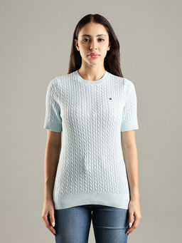 Tommy Hilfiger - Women Blue Regular Fit Cotton Crew Neck Sweater