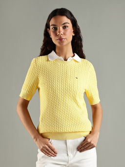 Tommy Hilfiger - Women Yellow Regular Fit Cotton Crew Neck Sweater