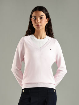 Tommy Hilfiger - Women Pink Regular Fit Viscose V-Neck Sweater