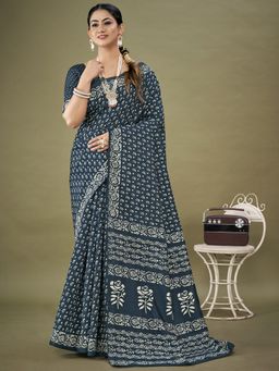 Akhilam - Womens Dola Silk Navy Blue Printed Designer Saree with Unstitched Blouse Piece