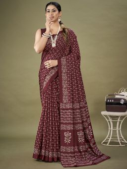 Akhilam - Womens Dola Silk Maroon Printed Designer Saree with Unstitched Blouse Piece
