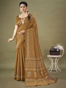 Akhilam - Womens Dola Silk Camel Brown Printed Designer Saree with Unstitched Blouse Piece